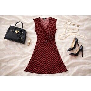 Lauren Ralph Lauren Red Black Chevron Faux Wrap Dress | Ruched | Stretch | M